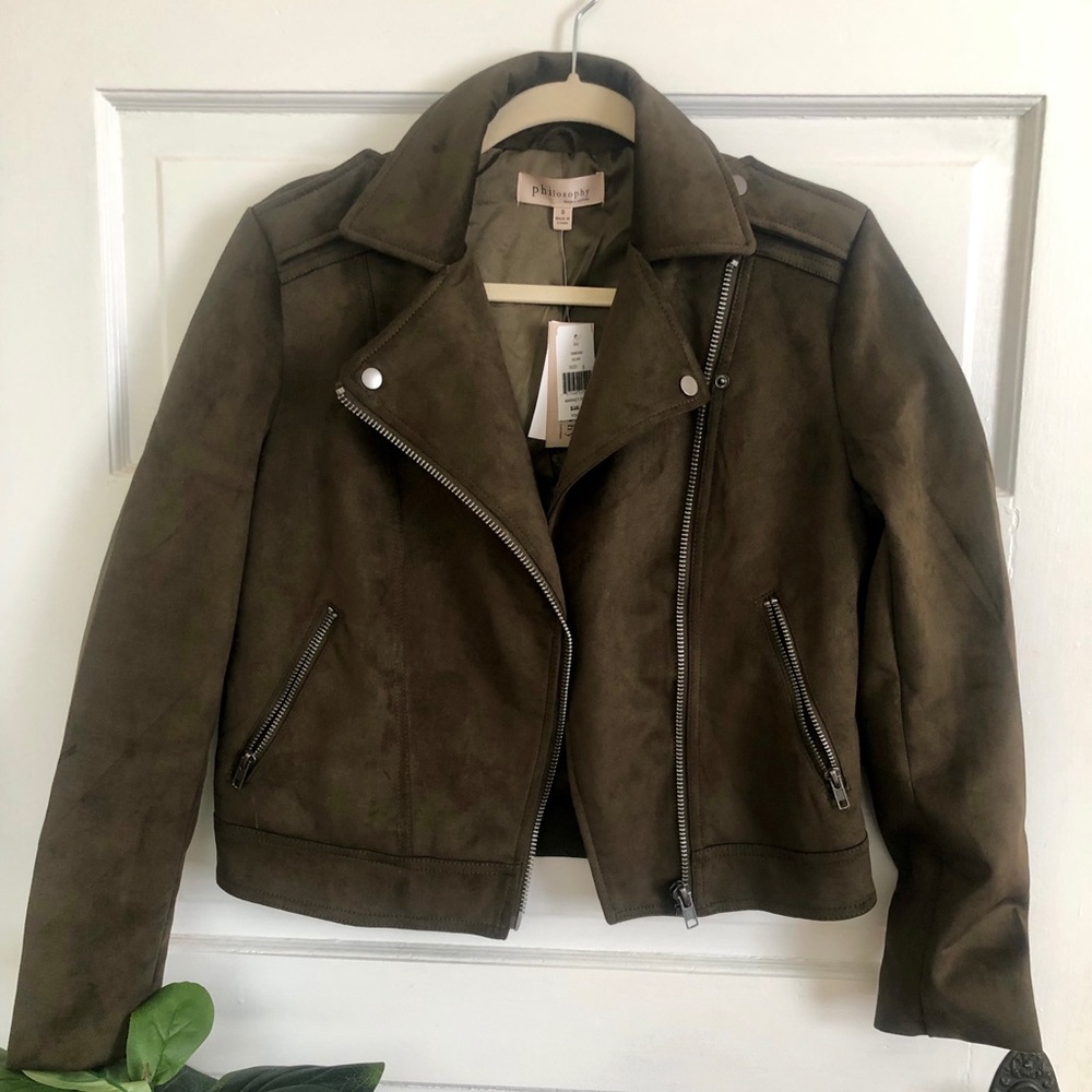 Philosophy Suede Moto Jacket - Dark Olive